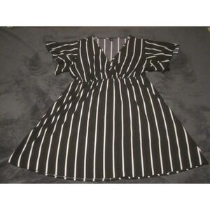 SheIn Dress Womens 2XL Black Stripe Fit Flare V Neck Flutter Sleeve Knee Length